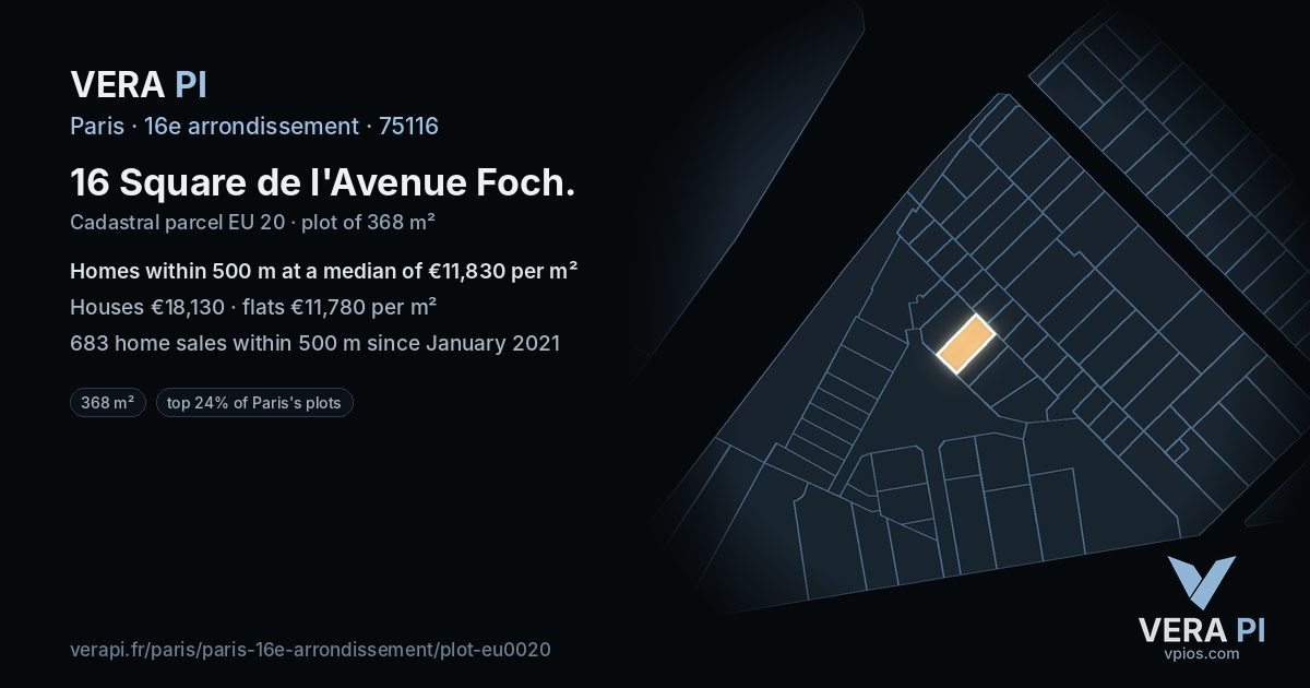 16 Square de l'Avenue Foch, 16e arrondissement at night – the plot lit, the parcels around coloured by the prices near them