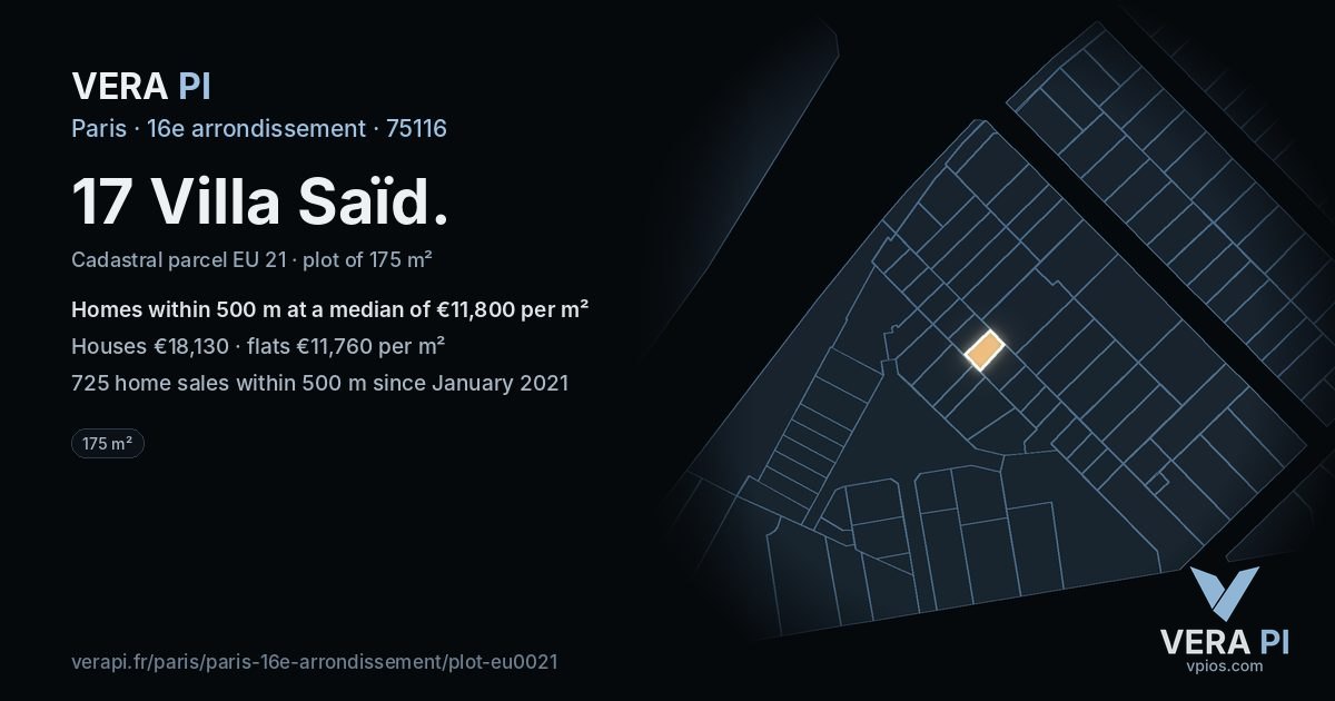 17 Villa Saïd, 16e arrondissement at night – the plot lit, the parcels around coloured by the prices near them