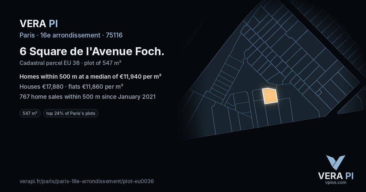 6 Square de l'Avenue Foch, 16e arrondissement at night – the plot lit, the parcels around coloured by the prices near them