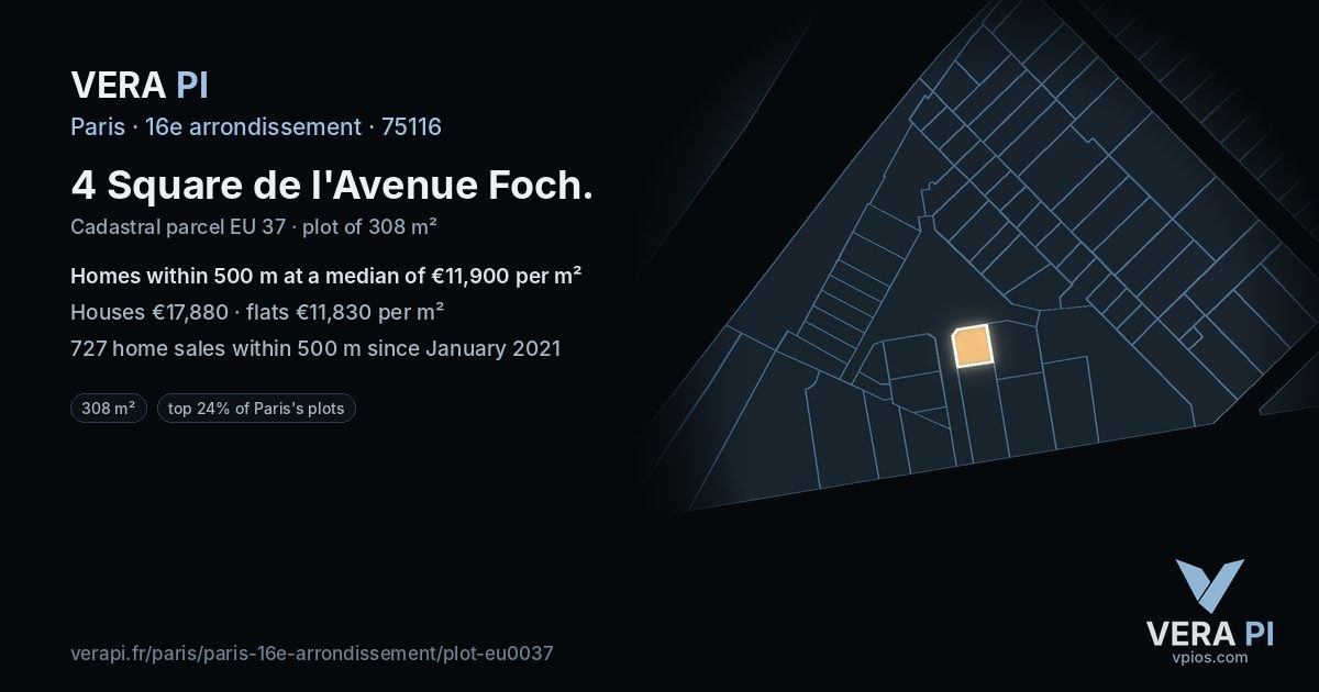 4 Square de l'Avenue Foch, 16e arrondissement at night – the plot lit, the parcels around coloured by the prices near them