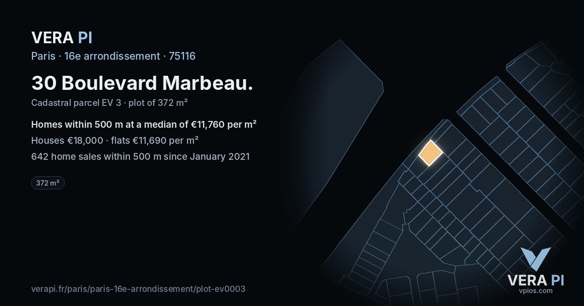 30 Boulevard Marbeau, 16e arrondissement at night – the plot lit, the parcels around coloured by the prices near them