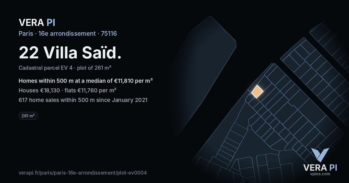 22 Villa Saïd, 16e arrondissement at night – the plot lit, the parcels around coloured by the prices near them