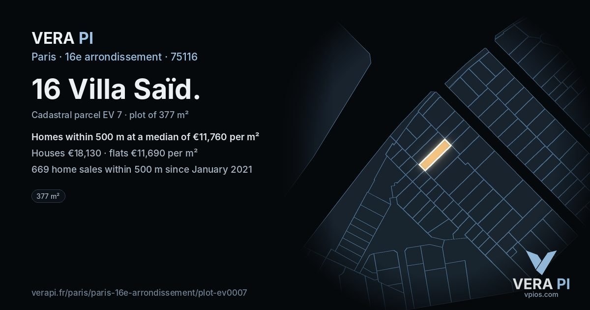 16 Villa Saïd, 16e arrondissement at night – the plot lit, the parcels around coloured by the prices near them
