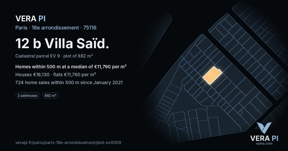 12 b Villa Saïd, 16e arrondissement at night – the plot lit, the parcels around coloured by the prices near them