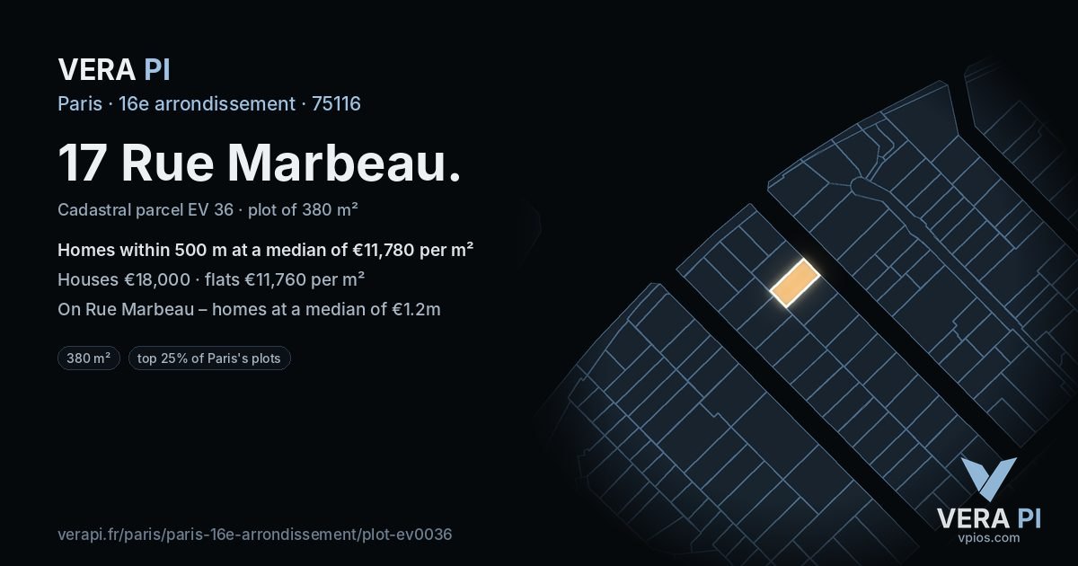 17 Rue Marbeau, 16e arrondissement at night – the plot lit, the parcels around coloured by the prices near them