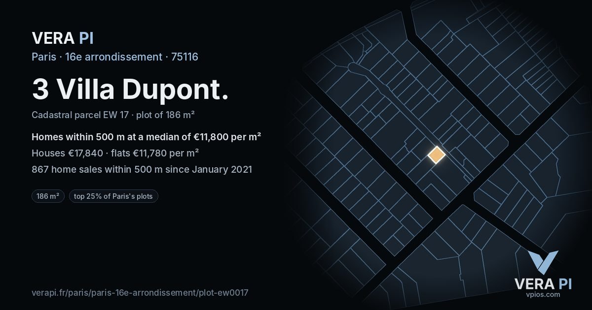 3 Villa Dupont, 16e arrondissement at night – the plot lit, the parcels around coloured by the prices near them