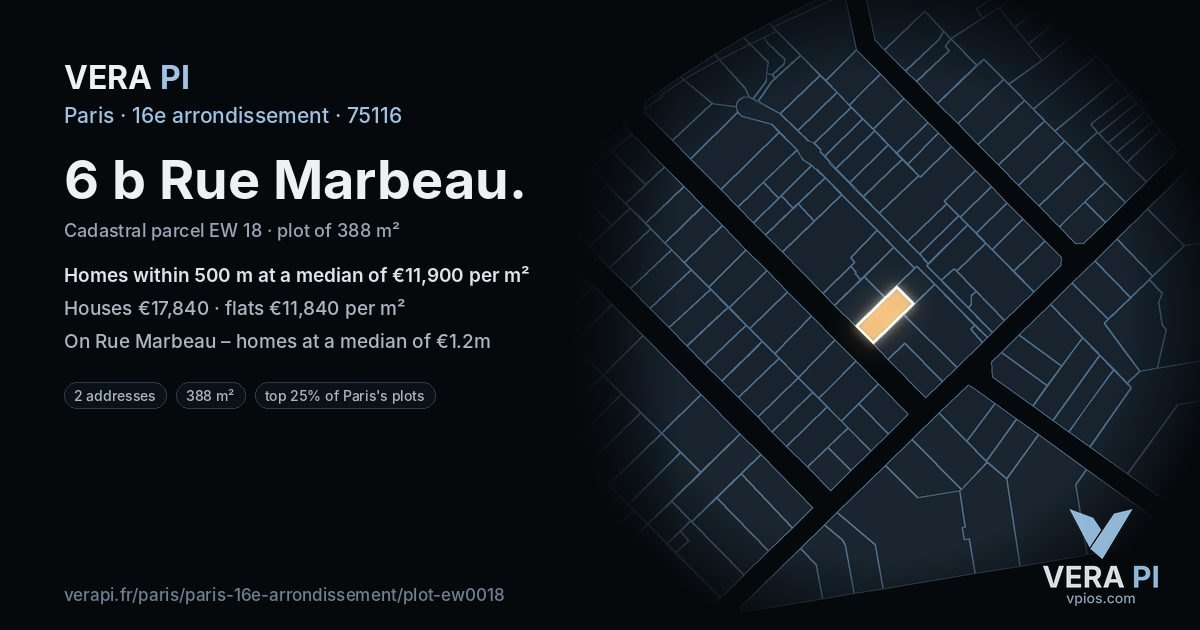6 b Rue Marbeau, 16e arrondissement at night – the plot lit, the parcels around coloured by the prices near them