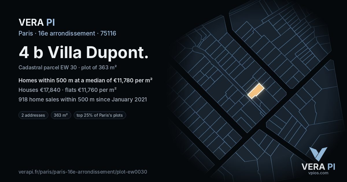 4 b Villa Dupont, 16e arrondissement at night – the plot lit, the parcels around coloured by the prices near them