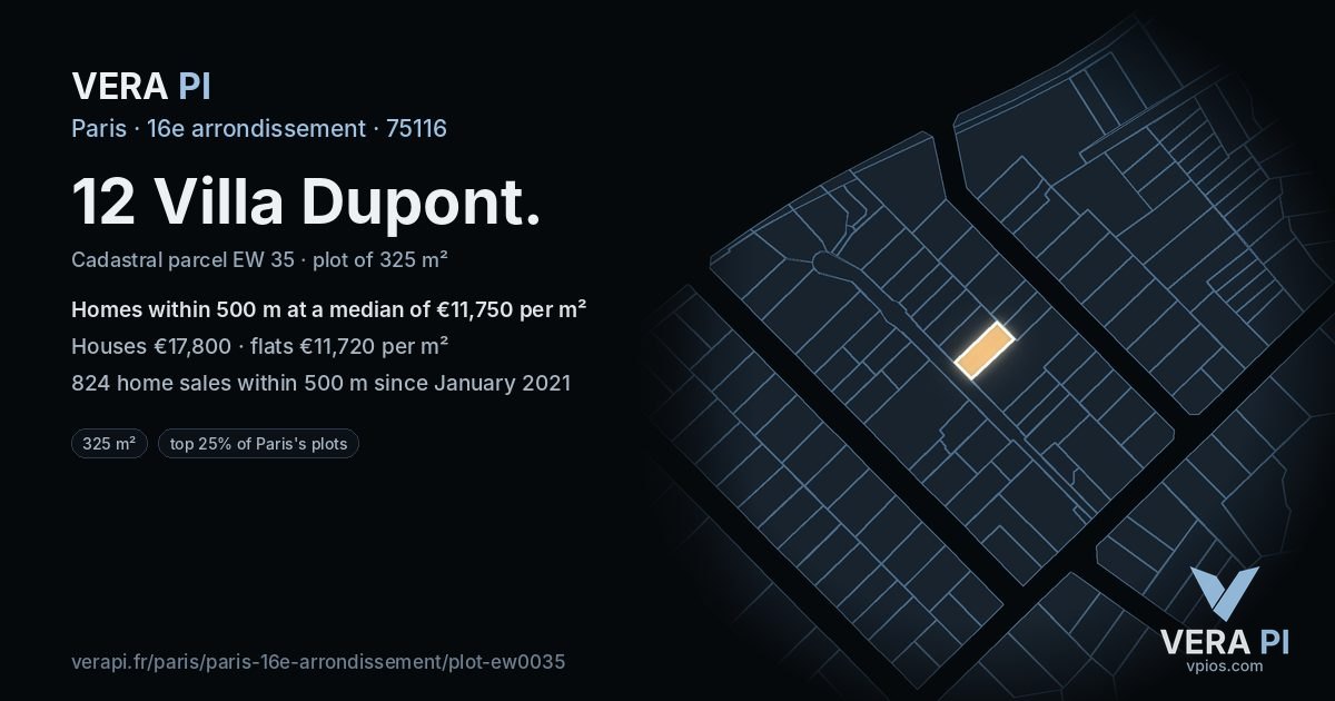 12 Villa Dupont, 16e arrondissement at night – the plot lit, the parcels around coloured by the prices near them