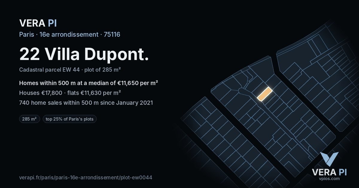 22 Villa Dupont, 16e arrondissement at night – the plot lit, the parcels around coloured by the prices near them