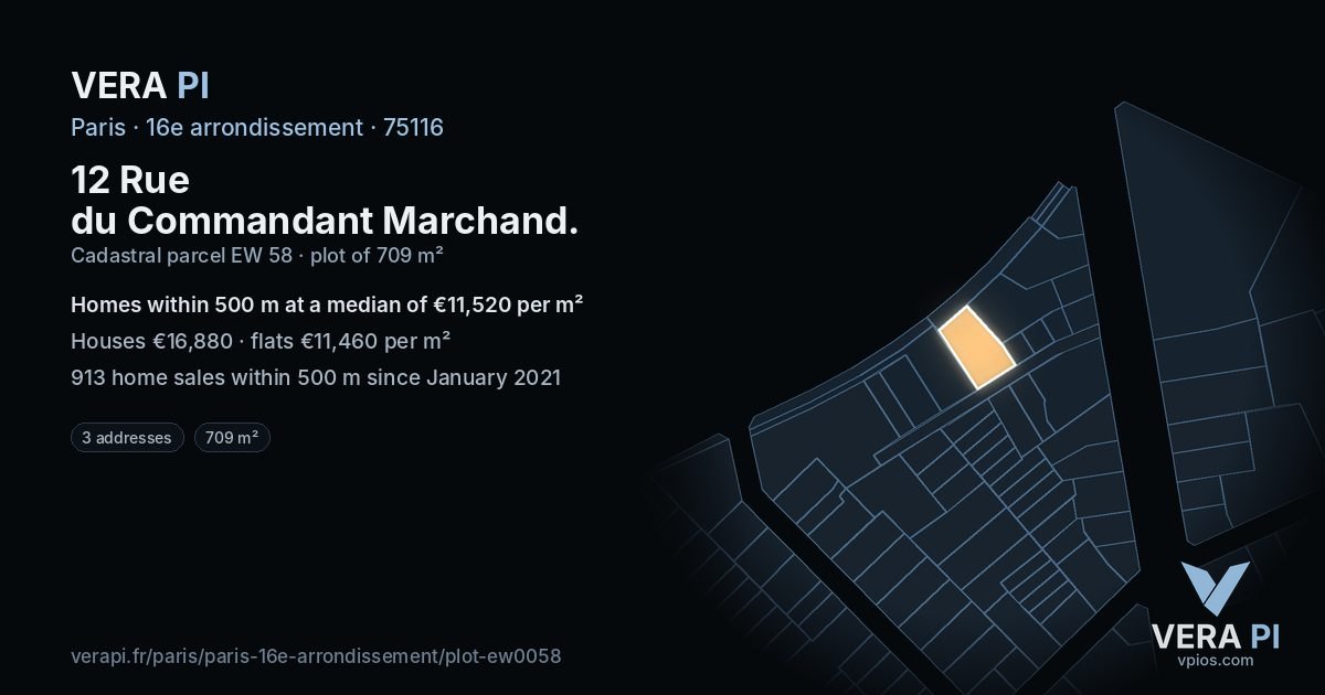 12 Rue du Commandant Marchand, 16e arrondissement at night – the plot lit, the parcels around coloured by the prices near them