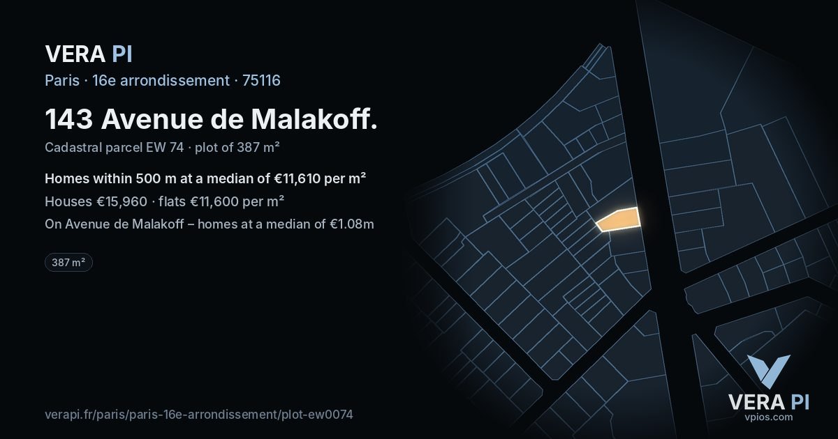 143 Avenue de Malakoff, 16e arrondissement at night – the plot lit, the parcels around coloured by the prices near them