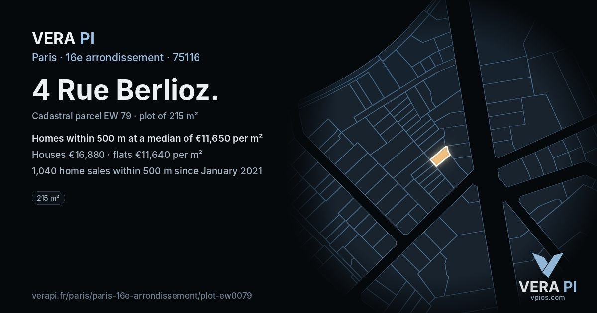 4 Rue Berlioz, 16e arrondissement at night – the plot lit, the parcels around coloured by the prices near them
