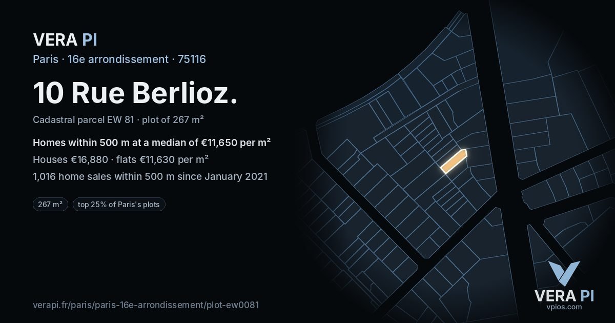 10 Rue Berlioz, 16e arrondissement at night – the plot lit, the parcels around coloured by the prices near them