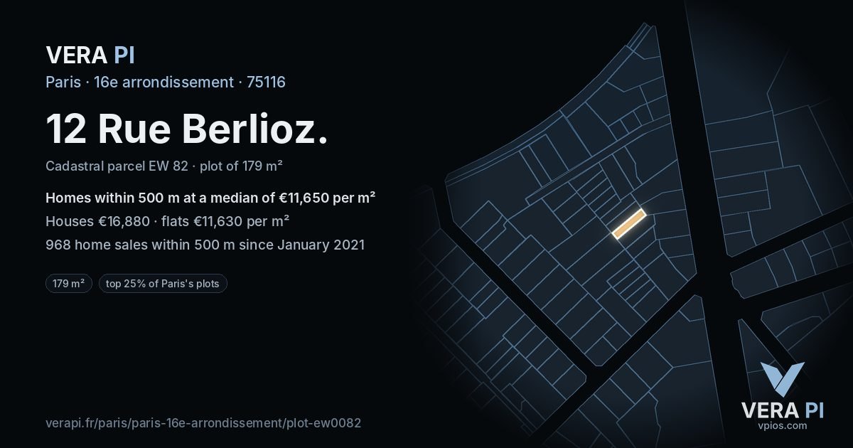 12 Rue Berlioz, 16e arrondissement at night – the plot lit, the parcels around coloured by the prices near them