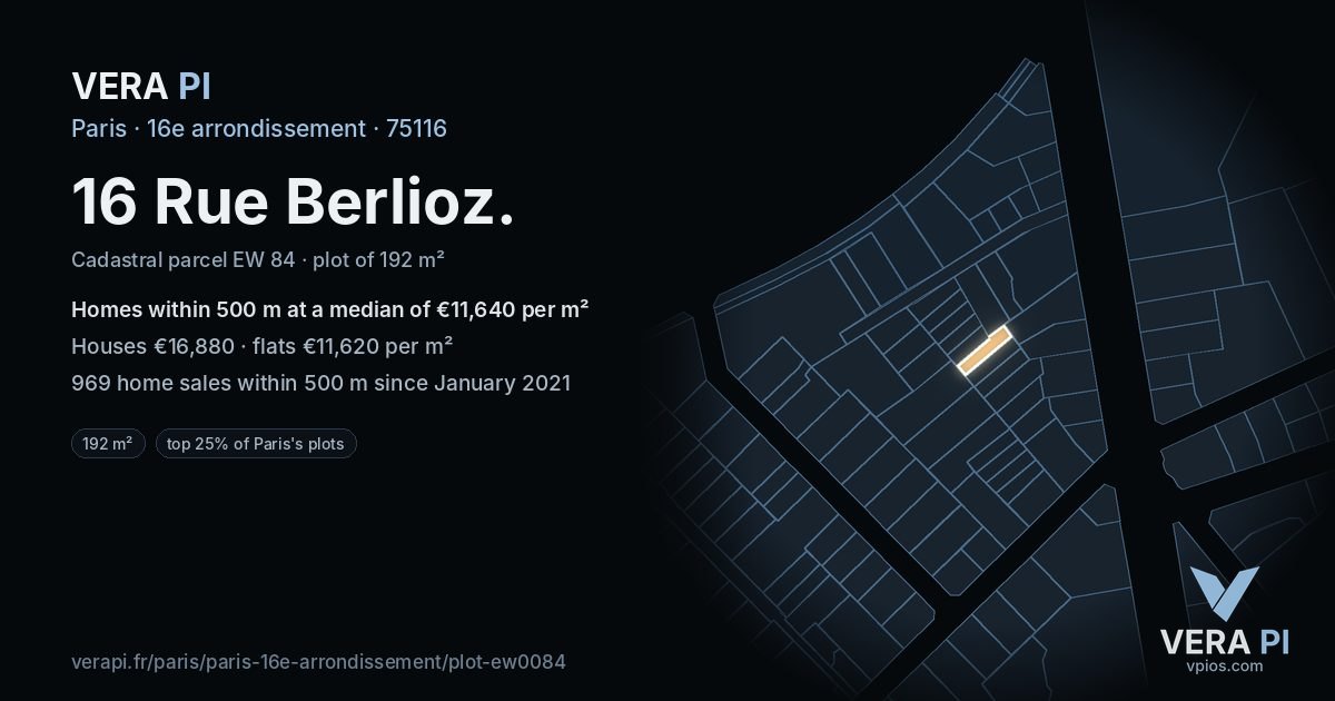 16 Rue Berlioz, 16e arrondissement at night – the plot lit, the parcels around coloured by the prices near them
