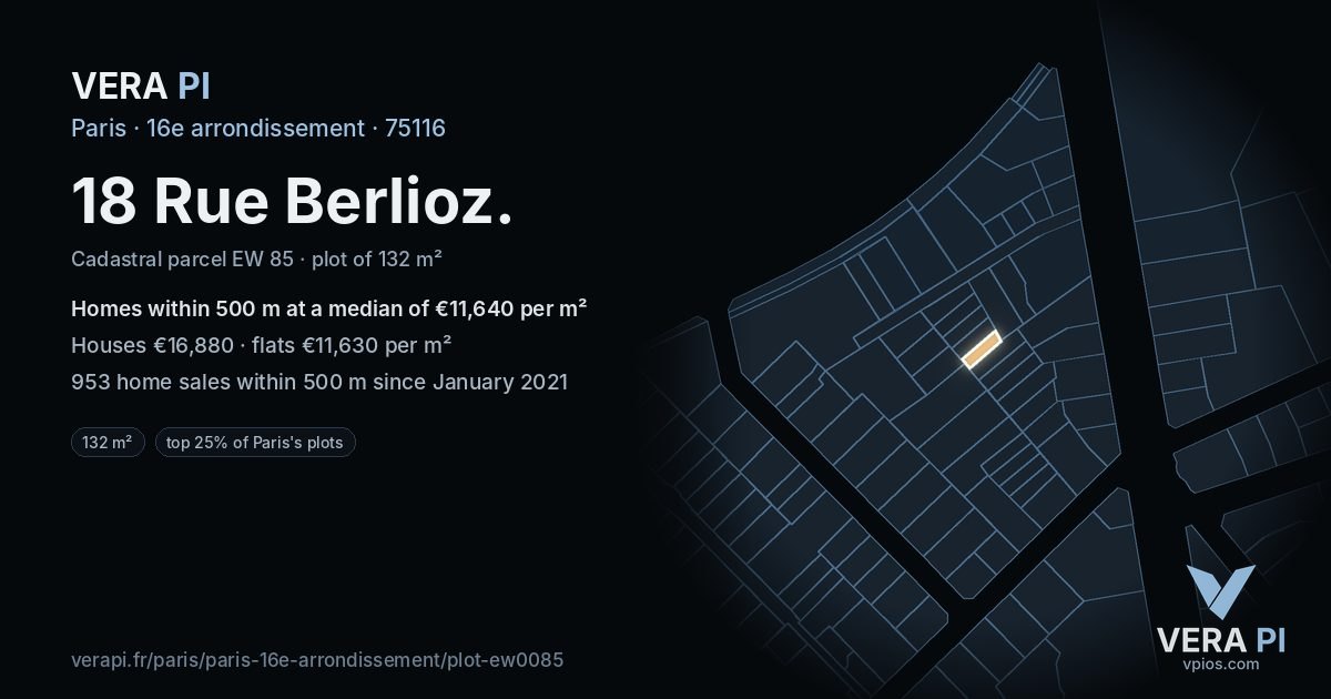 18 Rue Berlioz, 16e arrondissement at night – the plot lit, the parcels around coloured by the prices near them