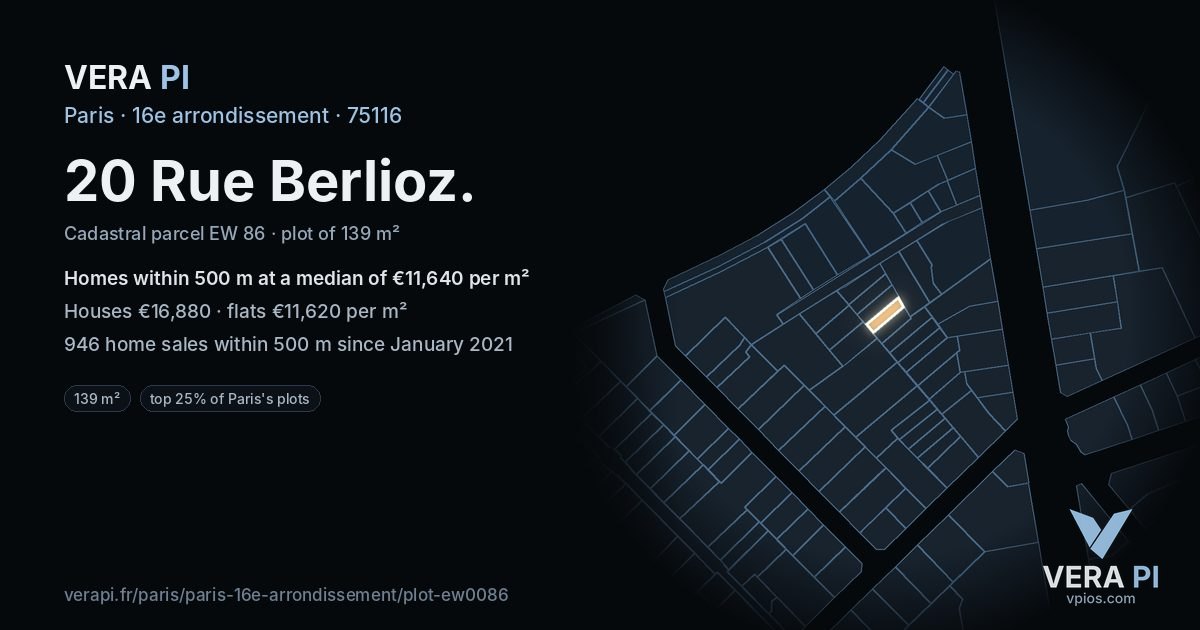 20 Rue Berlioz, 16e arrondissement at night – the plot lit, the parcels around coloured by the prices near them