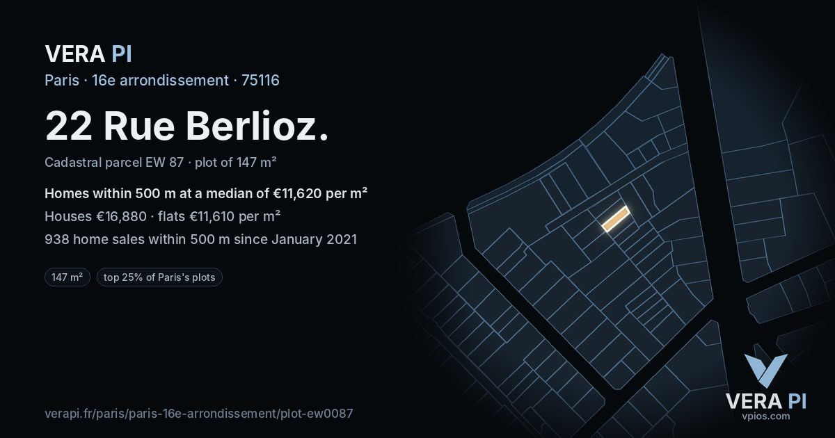 22 Rue Berlioz, 16e arrondissement at night – the plot lit, the parcels around coloured by the prices near them