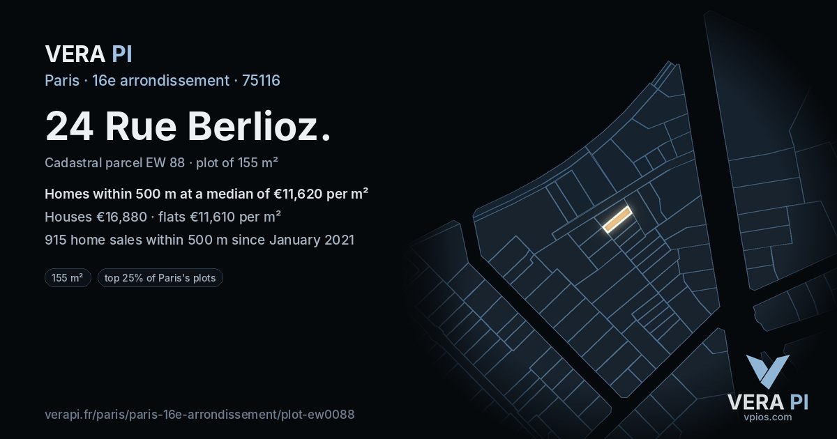 24 Rue Berlioz, 16e arrondissement at night – the plot lit, the parcels around coloured by the prices near them