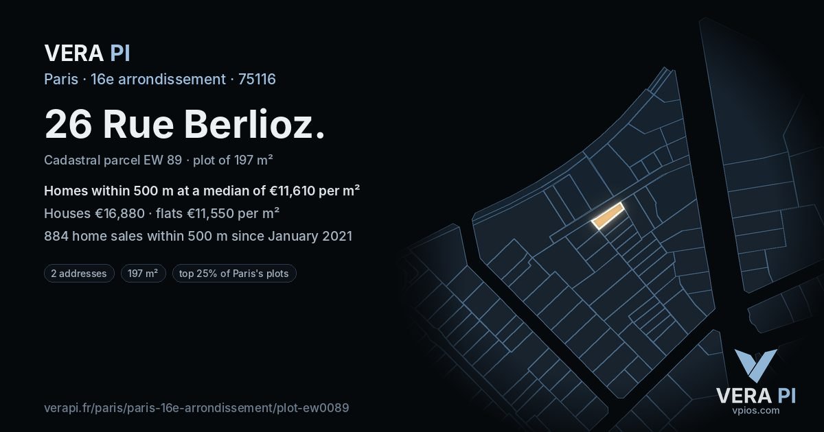 26 Rue Berlioz, 16e arrondissement at night – the plot lit, the parcels around coloured by the prices near them