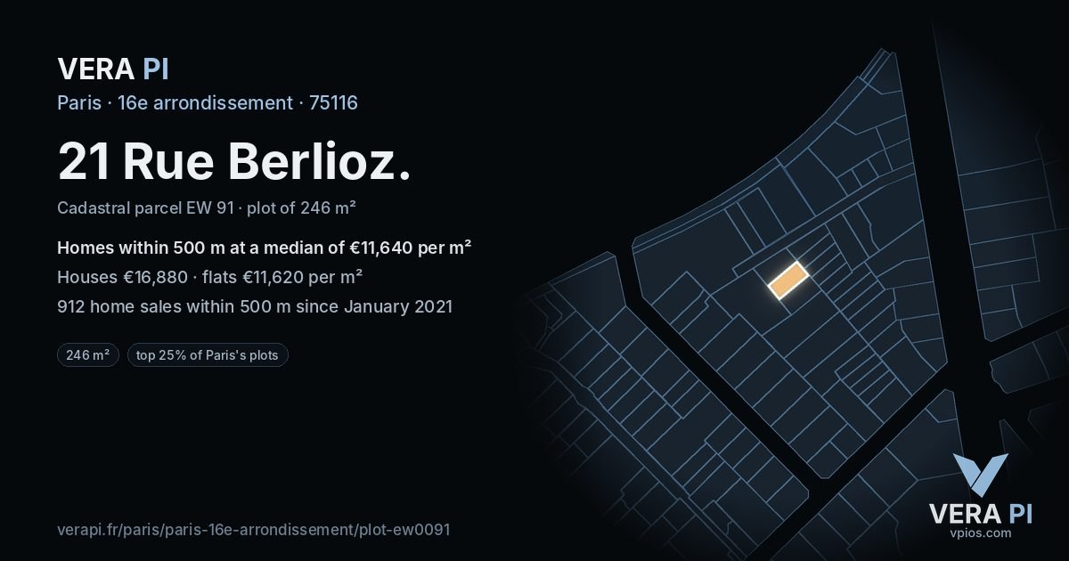 21 Rue Berlioz, 16e arrondissement at night – the plot lit, the parcels around coloured by the prices near them