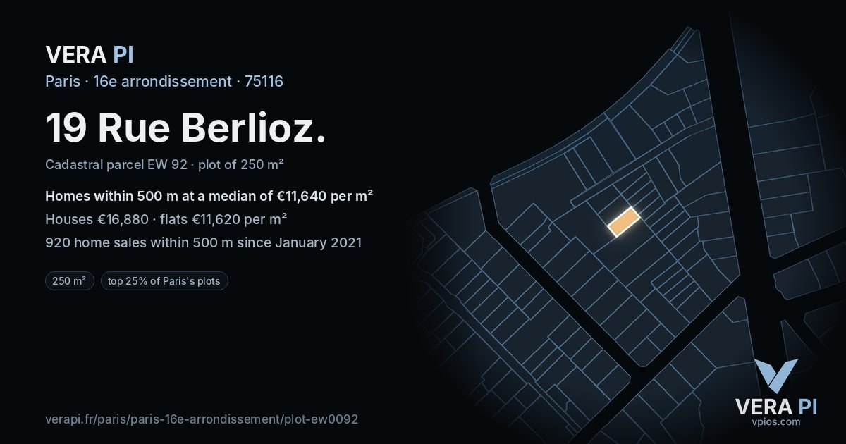 19 Rue Berlioz, 16e arrondissement at night – the plot lit, the parcels around coloured by the prices near them