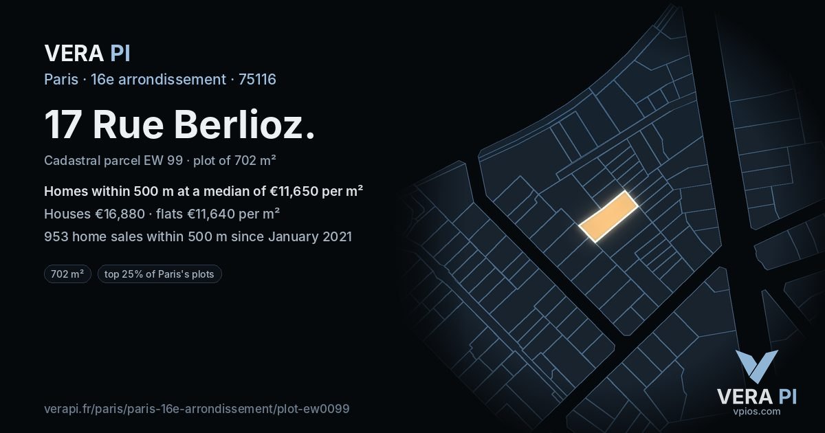 17 Rue Berlioz, 16e arrondissement at night – the plot lit, the parcels around coloured by the prices near them