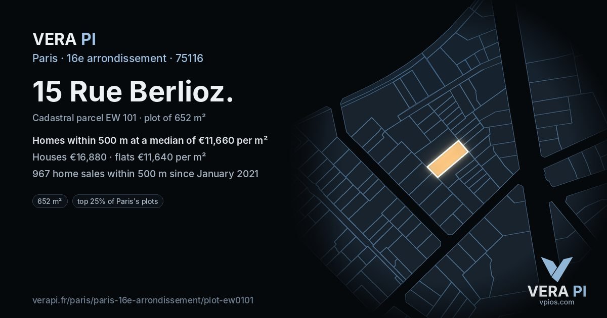15 Rue Berlioz, 16e arrondissement at night – the plot lit, the parcels around coloured by the prices near them