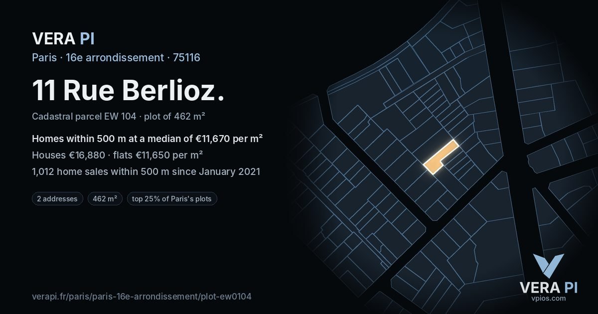 11 Rue Berlioz, 16e arrondissement at night – the plot lit, the parcels around coloured by the prices near them