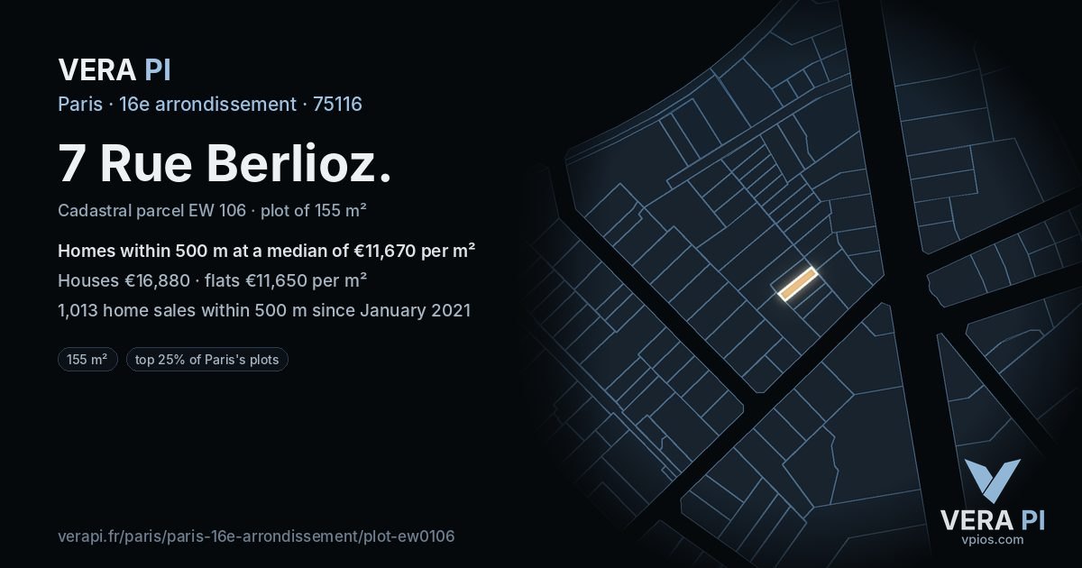 7 Rue Berlioz, 16e arrondissement at night – the plot lit, the parcels around coloured by the prices near them