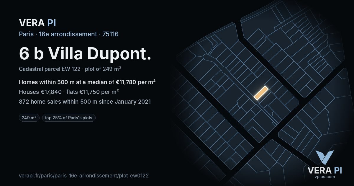 6 b Villa Dupont, 16e arrondissement at night – the plot lit, the parcels around coloured by the prices near them