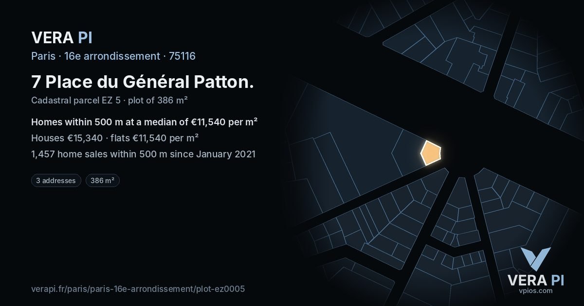 7 Place du Général Patton, 16e arrondissement at night – the plot lit, the parcels around coloured by the prices near them