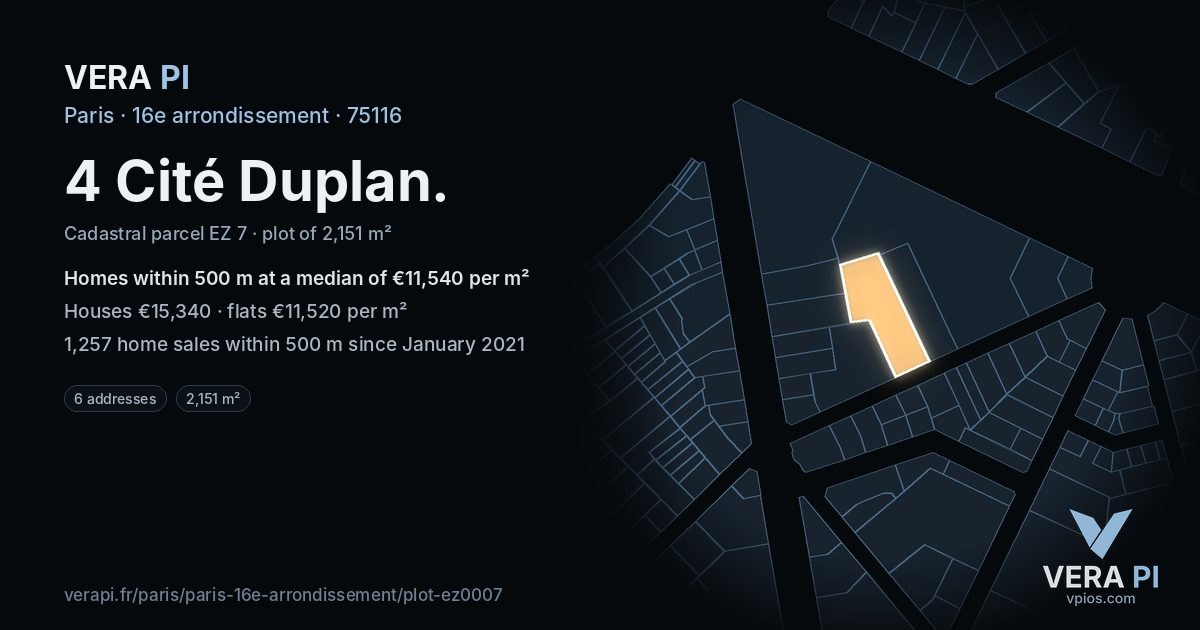 4 Cité Duplan, 16e arrondissement at night – the plot lit, the parcels around coloured by the prices near them