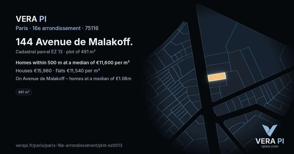 144 Avenue de Malakoff, 16e arrondissement at night – the plot lit, the parcels around coloured by the prices near them
