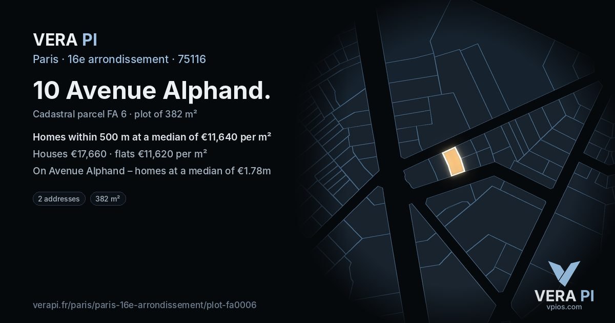10 Avenue Alphand, 16e arrondissement at night – the plot lit, the parcels around coloured by the prices near them
