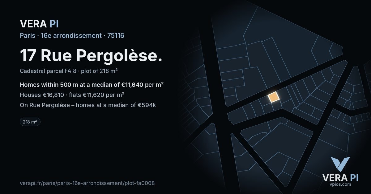 17 Rue Pergolèse, 16e arrondissement at night – the plot lit, the parcels around coloured by the prices near them