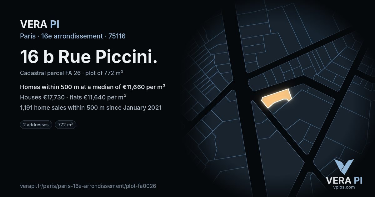 16 b Rue Piccini, 16e arrondissement at night – the plot lit, the parcels around coloured by the prices near them