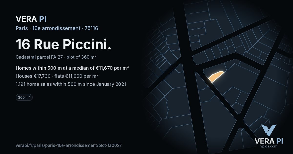 16 Rue Piccini, 16e arrondissement at night – the plot lit, the parcels around coloured by the prices near them