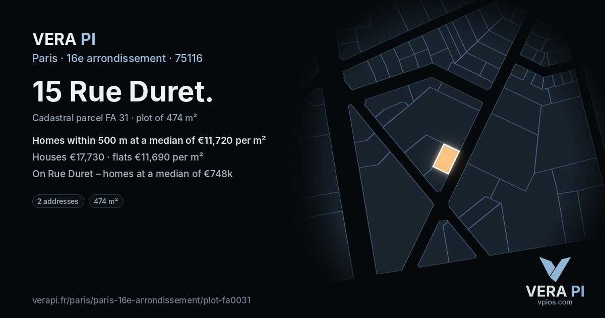 15 Rue Duret, 16e arrondissement at night – the plot lit, the parcels around coloured by the prices near them