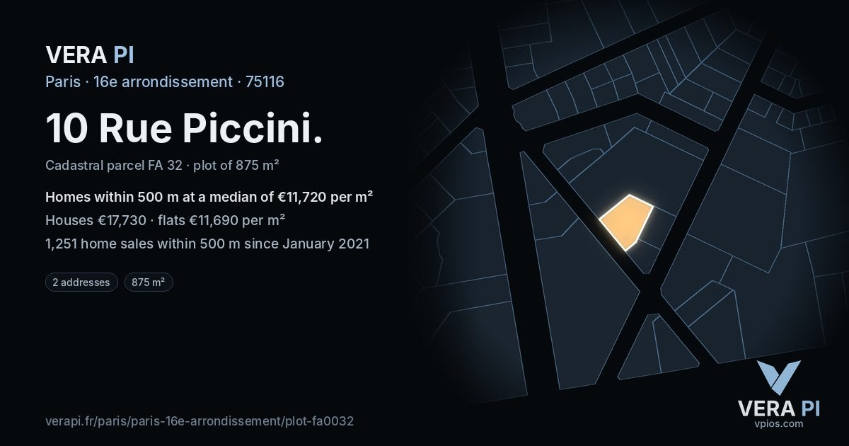 10 Rue Piccini, 16e arrondissement at night – the plot lit, the parcels around coloured by the prices near them