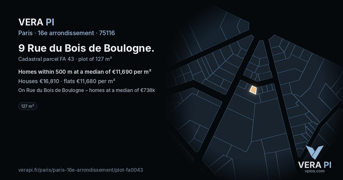 9 Rue du Bois de Boulogne, 16e arrondissement at night – the plot lit, the parcels around coloured by the prices near them