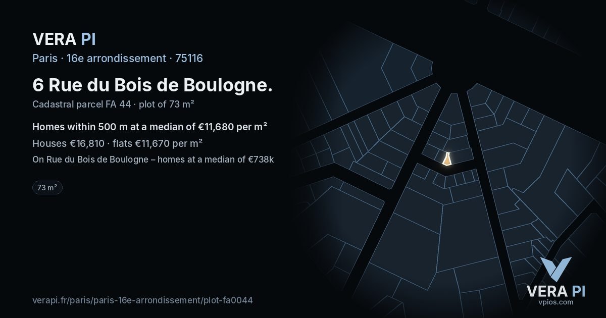 6 Rue du Bois de Boulogne, 16e arrondissement at night – the plot lit, the parcels around coloured by the prices near them