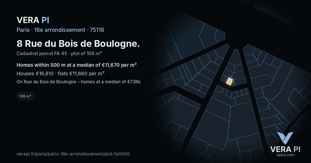 8 Rue du Bois de Boulogne, 16e arrondissement at night – the plot lit, the parcels around coloured by the prices near them