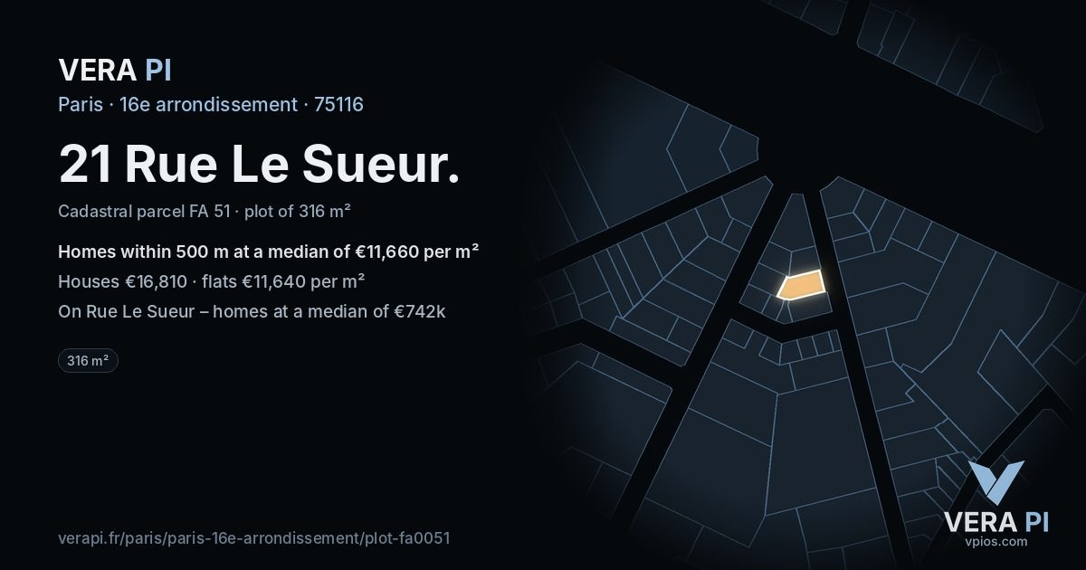 21 Rue Le Sueur, 16e arrondissement at night – the plot lit, the parcels around coloured by the prices near them