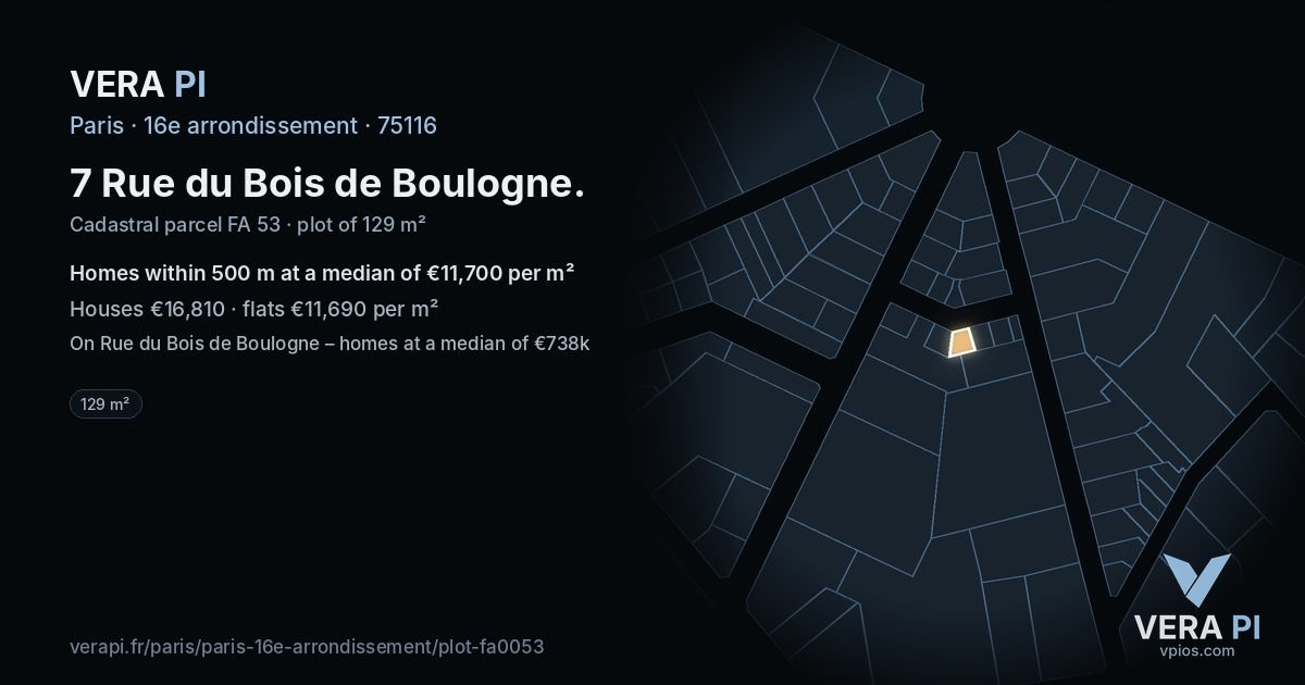 7 Rue du Bois de Boulogne, 16e arrondissement at night – the plot lit, the parcels around coloured by the prices near them