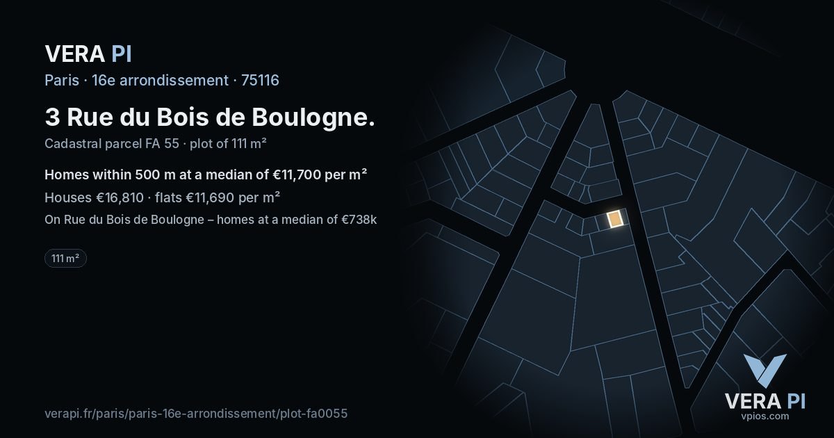 3 Rue du Bois de Boulogne, 16e arrondissement at night – the plot lit, the parcels around coloured by the prices near them