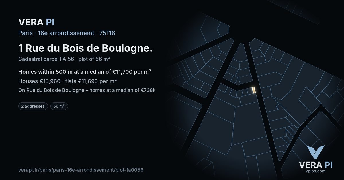 1 Rue du Bois de Boulogne, 16e arrondissement at night – the plot lit, the parcels around coloured by the prices near them