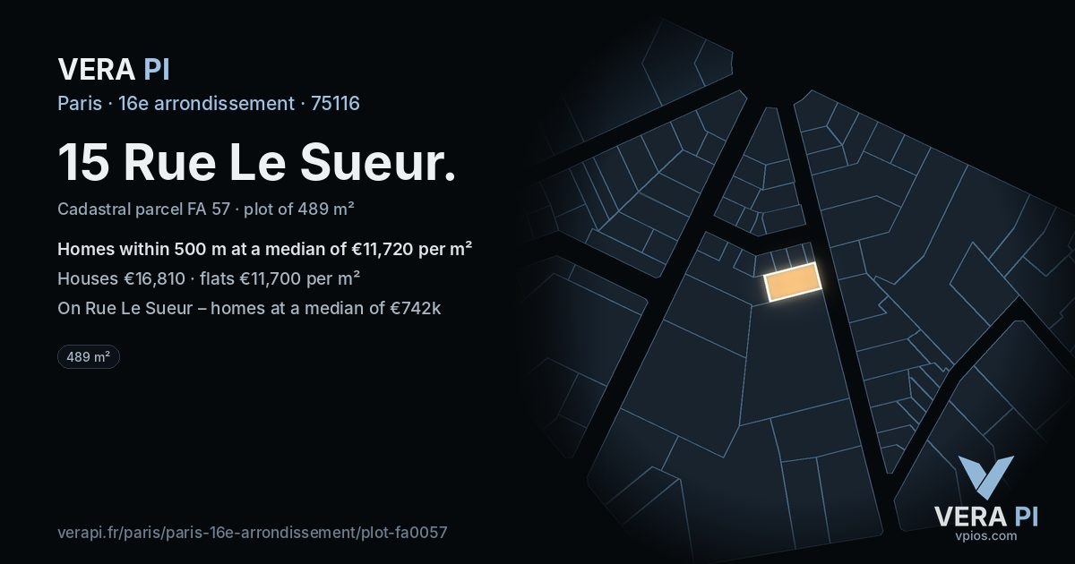 15 Rue Le Sueur, 16e arrondissement at night – the plot lit, the parcels around coloured by the prices near them