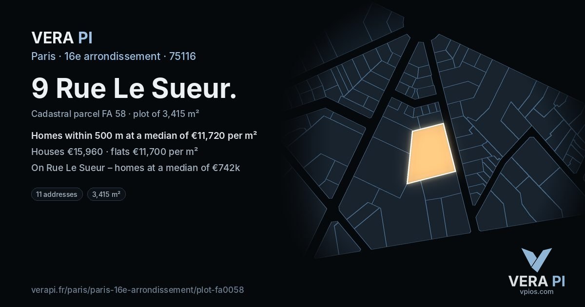 9 Rue Le Sueur, 16e arrondissement at night – the plot lit, the parcels around coloured by the prices near them